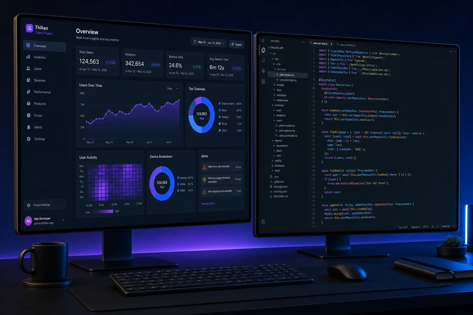 Photorealistic desk with dual monitors showing analytics and code with an AI assistant panel, coffee mug, blue-violet UI accents